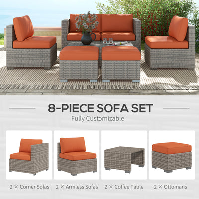 Outsunny Eight-Piece Rattan Garden Set, with Contrast Cushions - Orange/Grey 