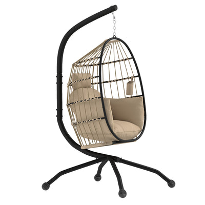 Outsunny Hanging Egg Chair Outdoor Indoor Garden Swing Chair with Folding Basket and Thickened Cushion, Garden Hanging Chair with Stand, Headrest, Cup Holder for Patio, Balcony, Khaki 