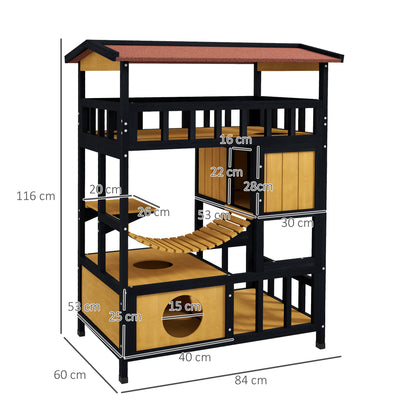 PawHut Outdoor Cat Shelter, Four-Tier Wooden Feral Cat House, with Suspension Bridge, Cat Houses, Balcony, Escape Doors 