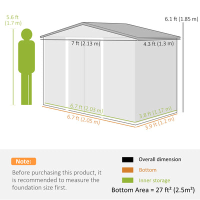 Outsunny 7 x 4ft Metal Garden Shed, Outdoor Storage Tool House with Ventilation Slots, Foundation Kit and Lockable Double Doors, Brown 