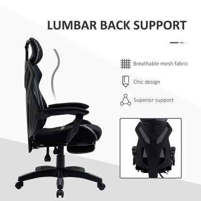 Vinsetto Mesh Office Chair Desk Task Computer Recliner with Footrest, Lumbar Back Support, Swivel Wheels, Adjustable Height for Home, Black Grey 