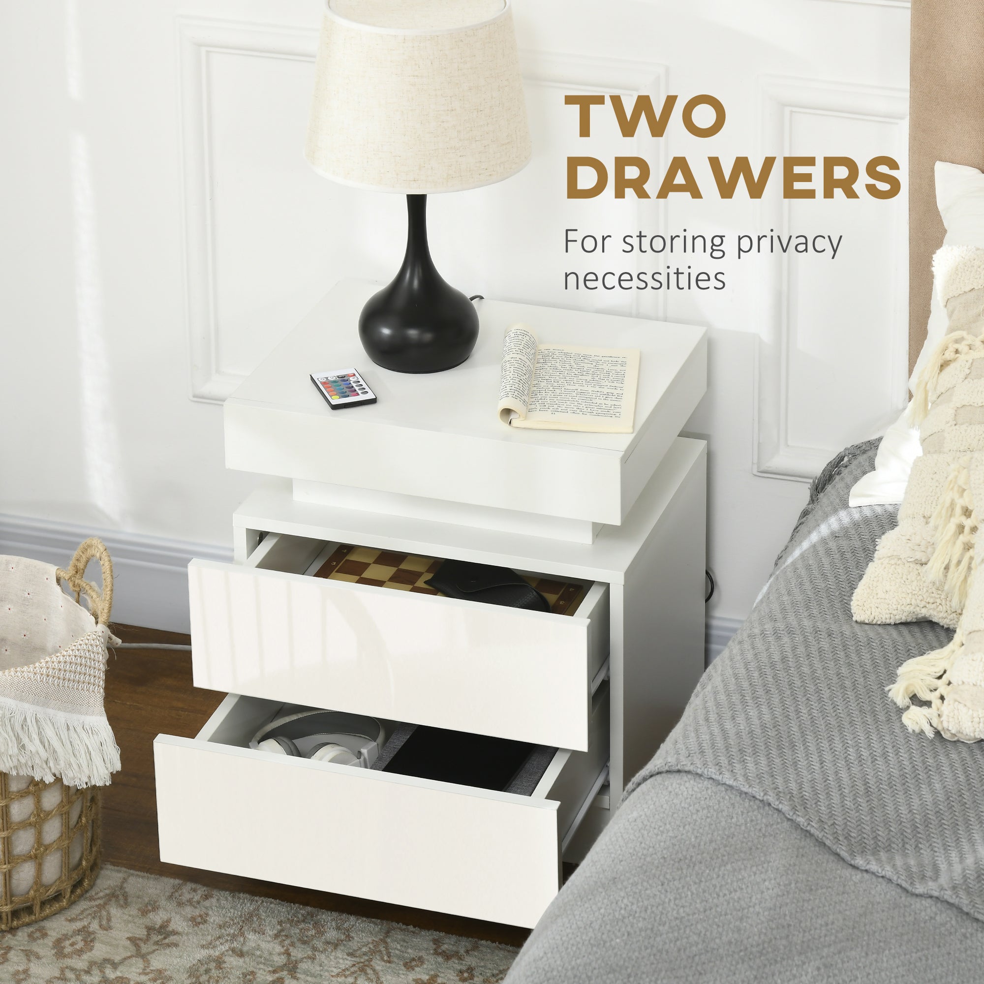 HOMCOM White Bedside Table with LED Light, High Gloss Front Nightstand with 2 Drawers, for Living Room, Bedroom 