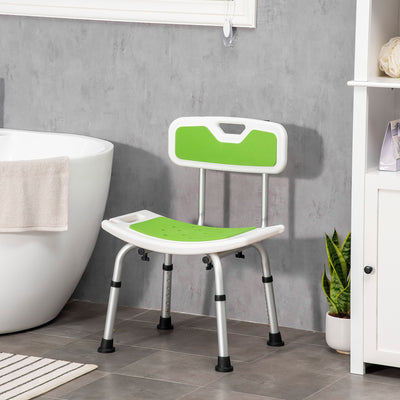 HOMCOM Shower Stool with Backrest, Height Adjustable Shower Chair with Anti-slip Foot Pads, Shower Head Holder, Green 
