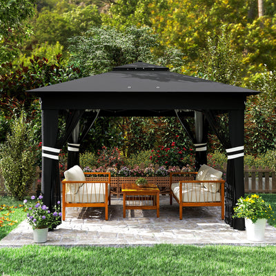 Outsunny 3 x 3(m) Pop Up Gazebo Party Tent with Solar-Powered LED Lights, Adjustable Event Shelter with Netting, Black 