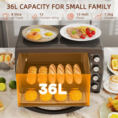 HOMCOM 36L Small Oven with 2 Hot Plates, Countertop Toaster Oven, Grill, Roast, Bake, Boil, with Timer, Adjustable Temperature, Electric Oven with Baking Tray, Grill Rack, Crumb Tray, 2600W, Black 