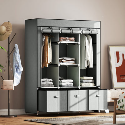 HOMCOM Fabric Wardrobe for Bedroom, Portable Wardrobe with 5 Shelves, 2 Hanging Rails and 3 Fabric Drawers, Foldable Closet, 125 x 43 x 162.5cm, Light Grey 