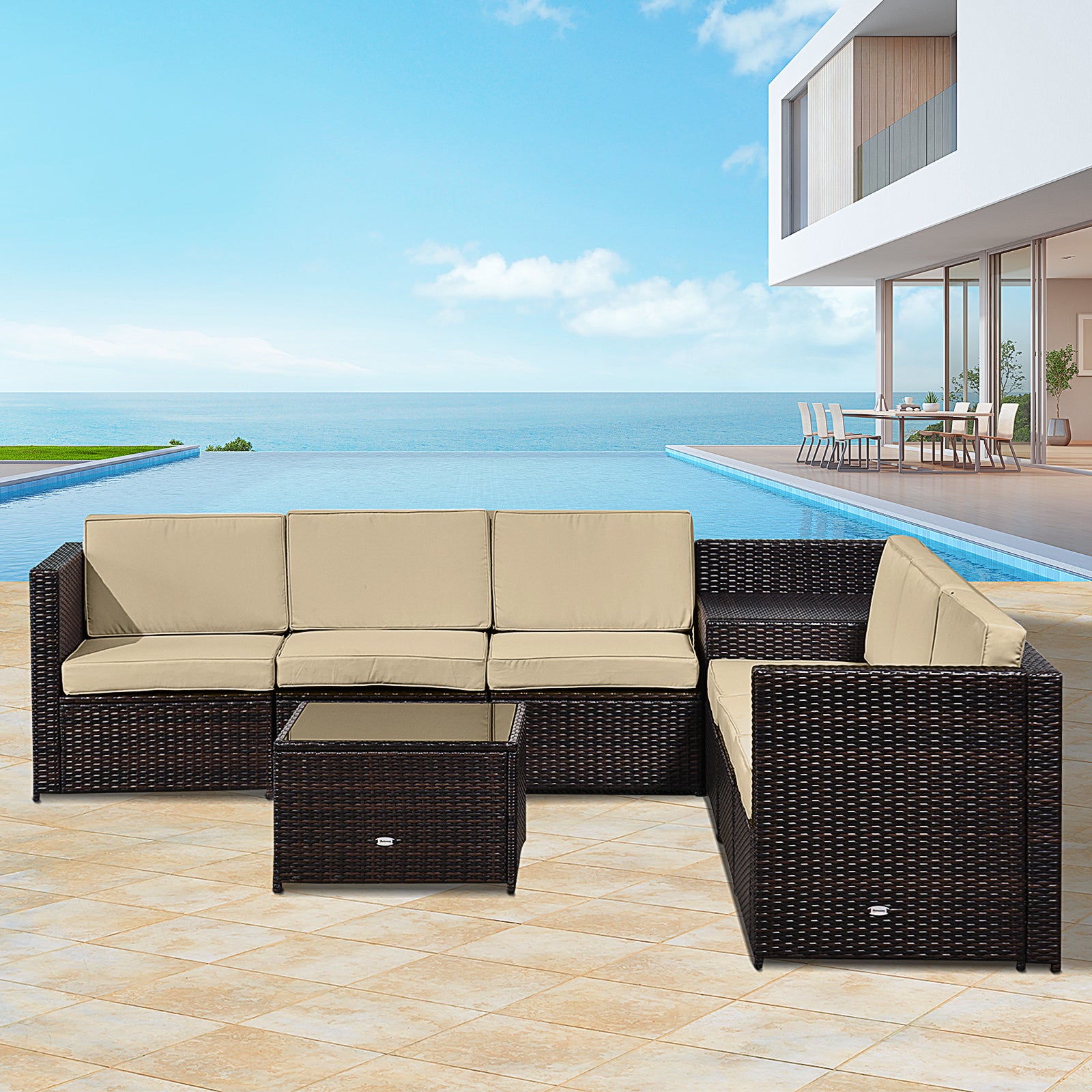 Outsunny 6-Seater Rattan Sofa Furniture Set W/Cushions, Steel Frame-Brown 