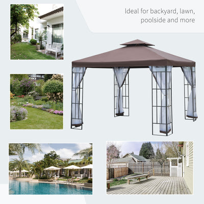 Outsunny 3 x 3(m) Patio Gazebo Canopy Garden Pavilion Tent Shelter with 2 Tier Roof and Mosquito Netting, Steel Frame, Coffee 