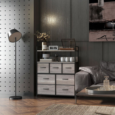 HOMCOM Rustic Chest of Seven Fabric Drawers - Grey Wood Effect 