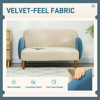 HOMCOM Two-Seater Velvet-Feel Mid Century Sofa - Cream/Blue 