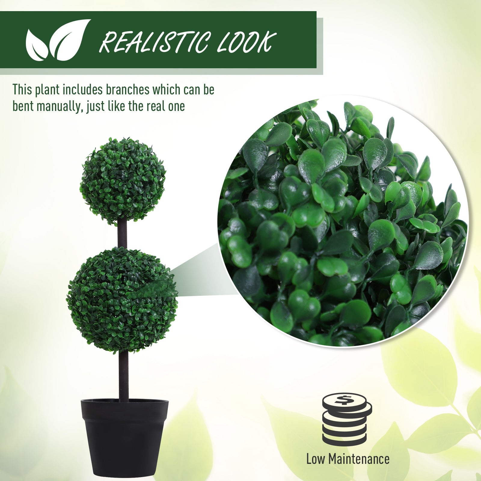 Outsunny Set of 2 Artificial Boxwood Ball Topiary Trees Potted Decorative Plant Outdoor and Indoor Décor (67cm) 
