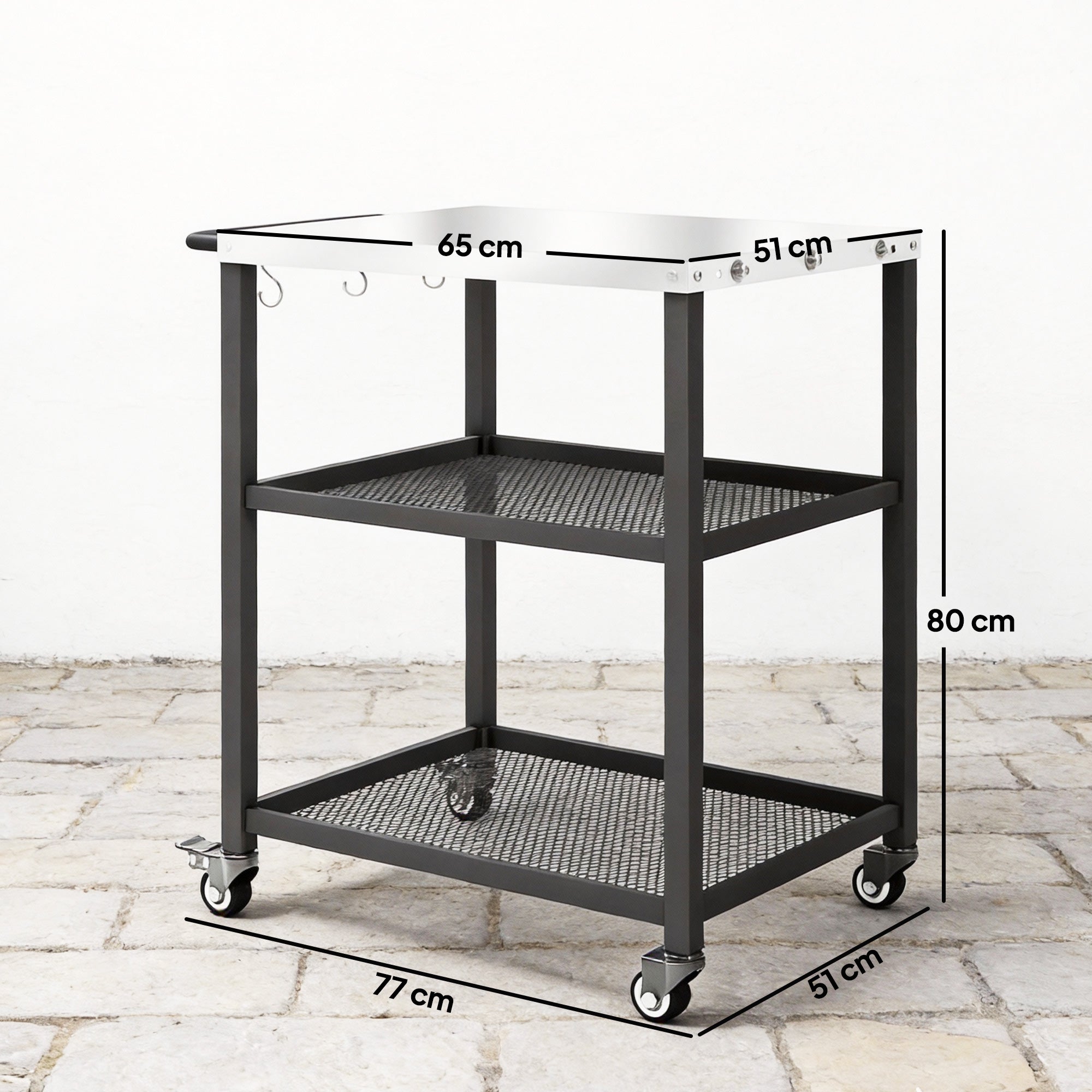 Outsunny Outdoor Grill Cart with Stainless Steel Tabletop, 3-Tier Pizza Oven Stand with Adjustable Shelf, Hooks, Wheels, Black 