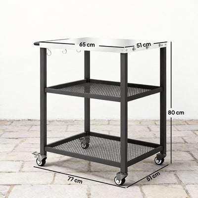 Outsunny Outdoor Grill Cart with Stainless Steel Tabletop, 3-Tier Pizza Oven Stand with Adjustable Shelf, Hooks, Wheels, Black 
