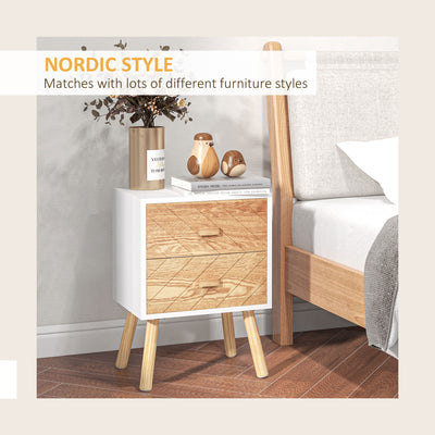 HOMCOM Bedside Table Set of 2, Modern Bedside Cabinets with Drawer and Pine Wood Legs, Nightstand for Bedroom, White and Natural 