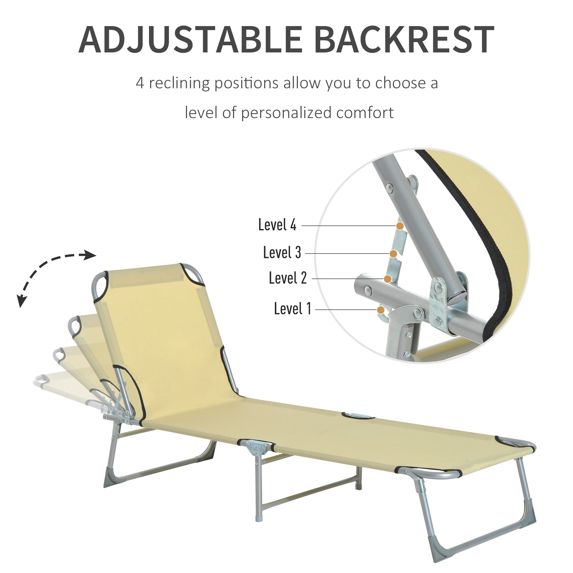 Outsunny Reclining Sun Lounger Chair Folding Camping Bed with 4-Position Adjustable Backrest, for Travel Indoor Outdoor Office Fishing, Beige 