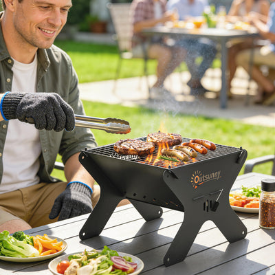 Outsunny 2-In-1 Portable BBQ Grill and Camping Fire Pit, Tabletop Charcoal Barbecue Grill with Gripper, Gloves and Carry Bag 