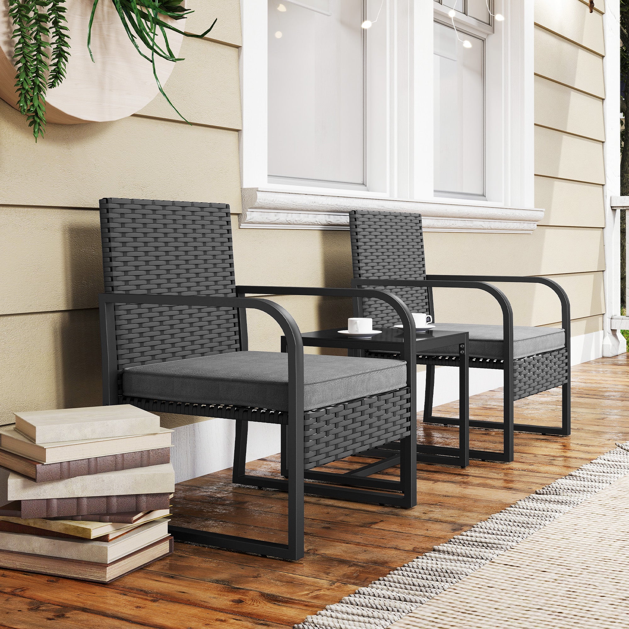 Outsunny Rattan Bistro Set, 3 Piece Garden Furniture Set with Cushions and Glass Top Table, Black 