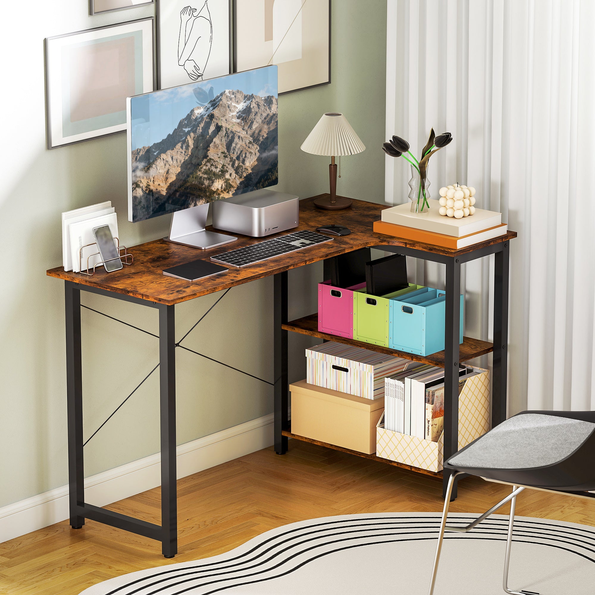HOMCOM L Shaped Desk, Corner Computer Desk with Bookshelf for Home Office, Study Room, Workstation, 120 x 73.2 x 75cm, Rustic Brown 