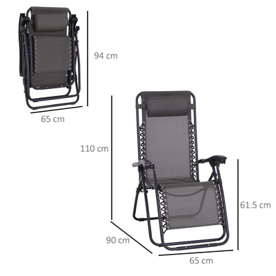 Outsunny Zero Gravity Chair Set of 2, Metal Frame Texteline Armchair Outdoor Folding and Reclining Sun Lounger with Head Pillow for Patio Decking Gardens Camping, Grey 