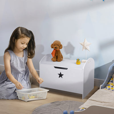 HOMCOM Kids Wooden Toy Box Organizer Children's Toy Storage with Lid Safety Hinge Side Handle Playroom Furniture White 