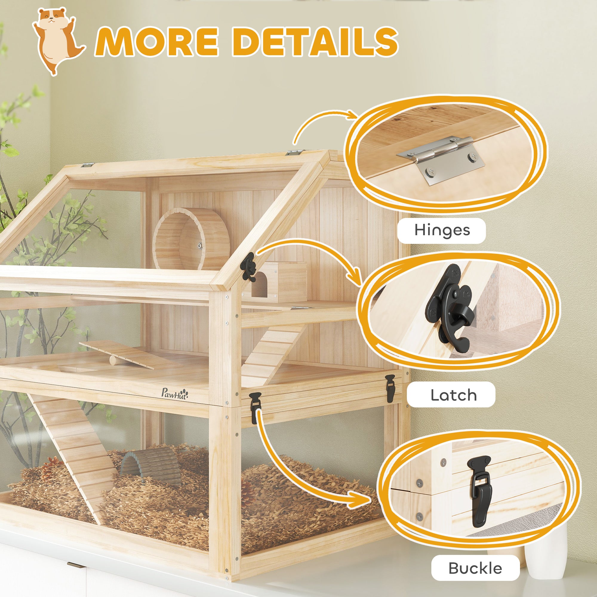 PawHut Wooden Hamster Cage with Detachable 31cm Deep Bottom, Hut, Seesaw, Exercise Wheel, Ramp, 80 x 50 x 76cm, Natural 