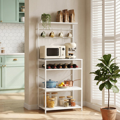 HOMCOM Freestanding Shelving Unit, Industrial Storage Shelf with 6 Hooks and Wine Rack for Living Room, Home Office, White