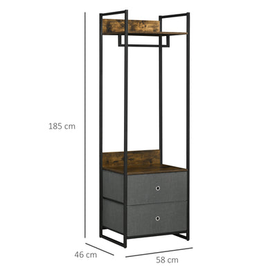 HOMCOM Clothes Rail, Metal Coat Stand, Garment Rack with 2 Fabric Storage Drawers, Single Wardrobe for Bedroom, Hallway, Rustic Brown and Grey 
