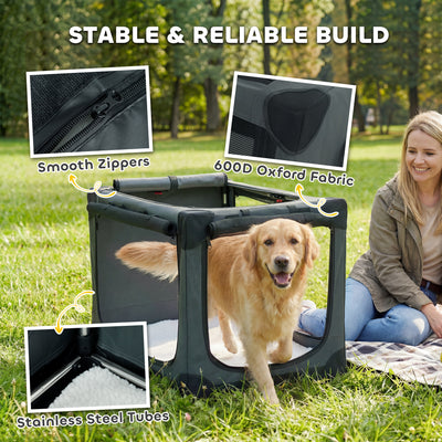 PawHut Soft Dog Crate Pet Travel Crate 90 x 64 x 64 cm with Removable Pad Mesh Window Army Green 