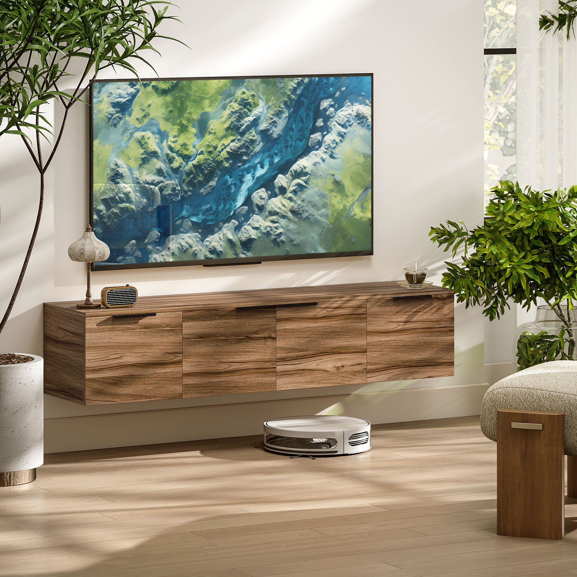 HOMCOM Floating TV Unit, 150 cm Wall Mounted TV Stand Cabinet with Shelves and Doors, Entertainment Media Console for Living Room, Bedroom, Rustic Brown