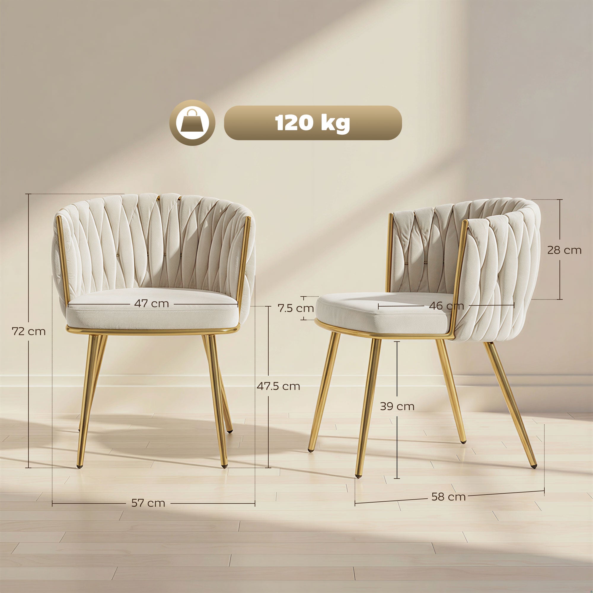 HOMCOM Velvet-Feel Dining Chairs Set of 2, Modern Upholstered Armchair with Knot Design and Golden Metal Legs, Accent Chair for Dining Room, Bedroom, Kitchen, Living Room, Cream 