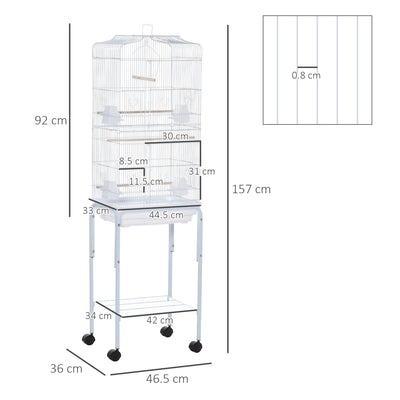 PawHut Bird Cage Budgie Cages for Finch Canary Parakeet with Stand Wheels Slide-out Tray Accessories Storage Shelf, White 46.5 x 36 x 157 cm 