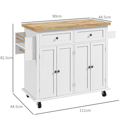 HOMCOM Rolling Kitchen Island Storage Trolley with Rubber Wood Top & Drawers for Dining Room, White 