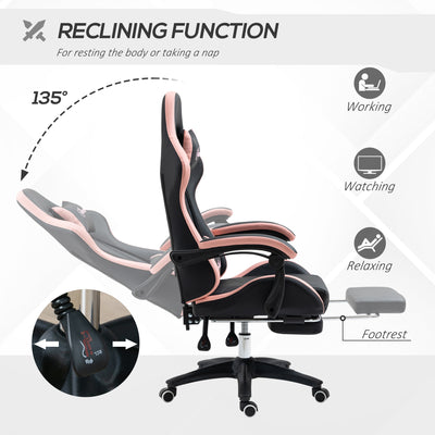 Vinsetto Computer Gaming Chair, PU Leather Desk Chair with Footrest, Swivel Task Chair with 135° Reclining Back and Lumbar Support, PC Chair for Adults, Black and Pink 