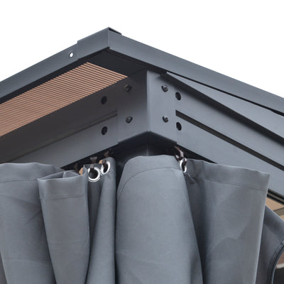 Outsunny 4 x 3(m) Outdoor Hardtop Gazebo with Curtains, Lean to Aluminium Pergola with Polycarbonate Roof, Garden Pavilion Sun Shade Shelter, Grey 