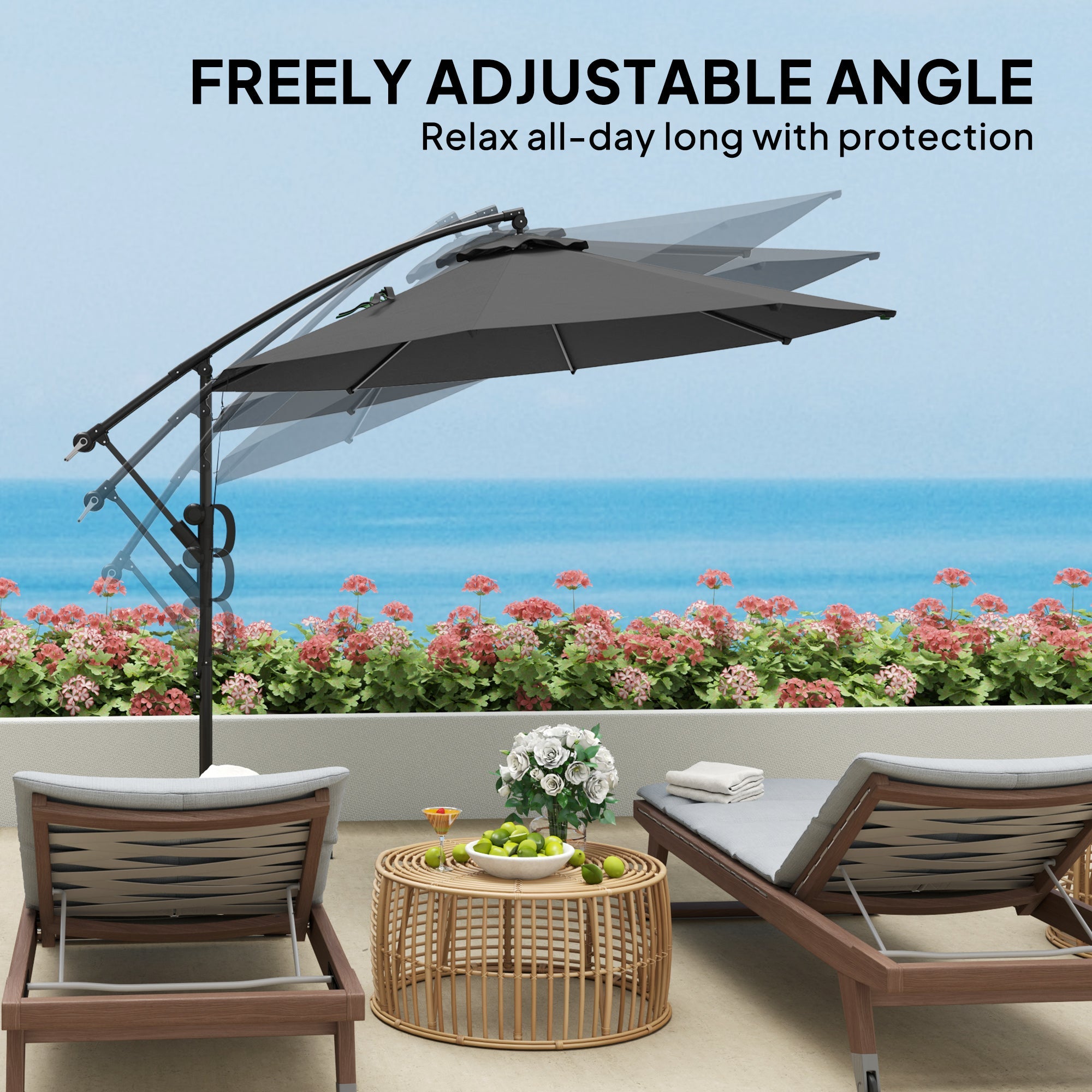 Outsunny 3(m) Garden Cantilever Parasol with Cover and Wind Protection Strap, Round Overhanging Umbrella with Crank Handle and Tilt, Banana Patio Umbrella for Outdoor Sun Shade, UPF50+, Grey 