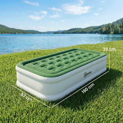 Outsunny Inflatable Mattress, Single Air Bed with Built-in Electric Pump, 3 Mins Inflation, Flocked Surface, Dark Green 