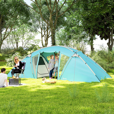 Outsunny 4-6 Man Family Camping Tent w/ 2 Bedrooms and a Living Room, Waterproof Tunnel Tent w/ Sewn In Groundsheet, Doors, Windows, Carry Bag, Blue 