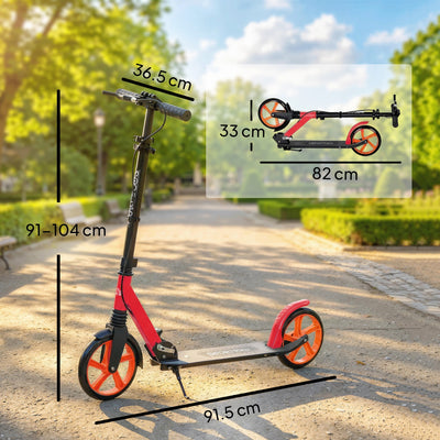 HOMCOM One-click Folding Kick Scooter for 14+ w/ Adjustable Handlebar, Push Scooter with Kickstand, Dual Brake System, Red 