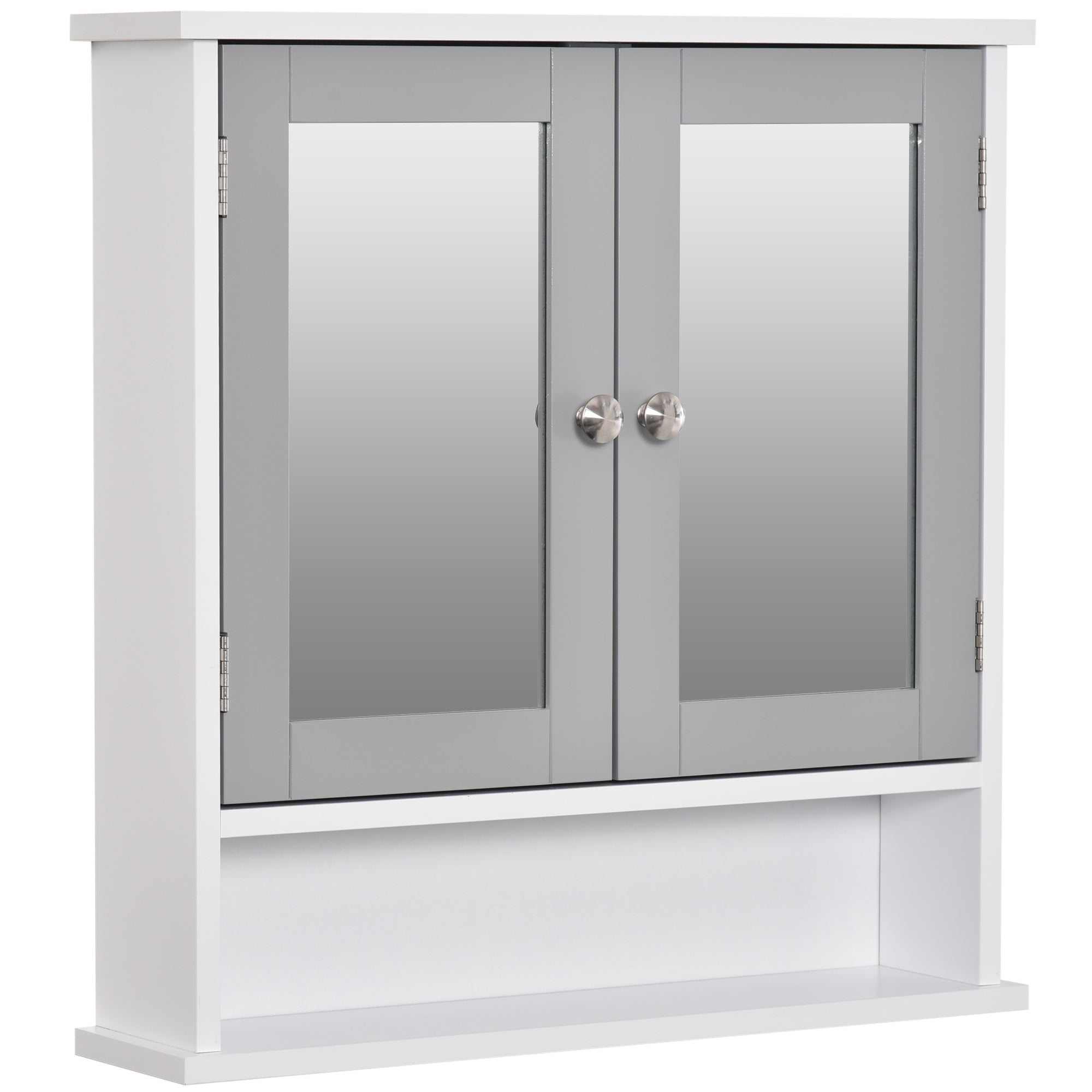 kleankin Mirror Cabinet Wall Mounted with Double Mirrored Doors, Hanging Cabinet with Cupboard and Shelf, Bathroom Wall Storage Organizer, Grey 