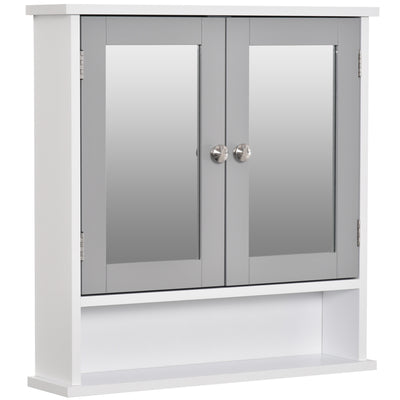 kleankin Mirror Cabinet Wall Mounted with Double Mirrored Doors, Hanging Cabinet with Cupboard and Shelf, Bathroom Wall Storage Organizer, Grey 