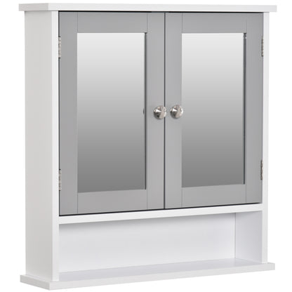 kleankin Mirror Cabinet Wall Mounted with Double Mirrored Doors, Hanging Cabinet with Cupboard and Shelf, Bathroom Wall Storage Organizer, Grey 
