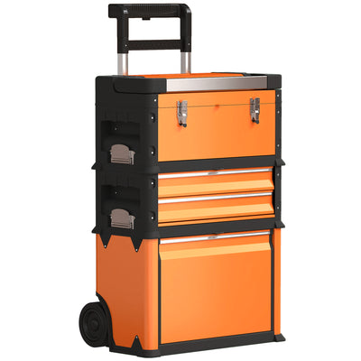HOMCOM 3-in-1 Stackable Rolling Tool Box - Orange 