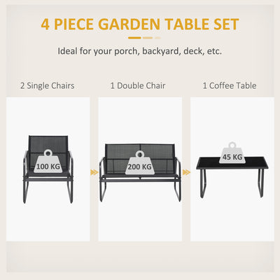 Outsunny 4 Piece Garden Furniture Set Outdoor Patio Sofa Set with Double Chair, Single Chairs and Glass Top Table for Terrace and Balcony, Black 
