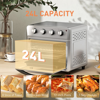 HOMCOM 24L Air Fryer Oven, Mini Oven, Oil Free Cooking, Grill, Roast, Bake, with Adjustable Temperature, Timer, Touch Screen, Dishwasher Safe, 1600W, Silver 