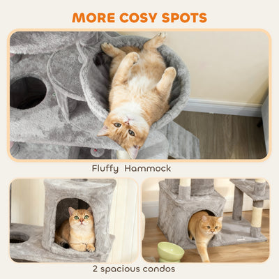 PawHut 170 cm Large Cat Tree, Cat Tower with 7 Scratching Posts, 2 Condos, Hammock,  Light Grey 