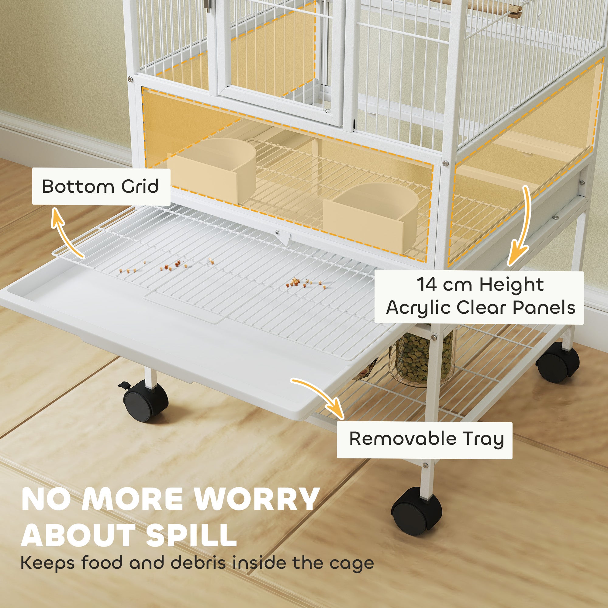 PawHut Bird Cage with Rolling Stand, Acrylic Viewing Panels, Storage Shelf, for Budgie, Parakeet, 48 x 46 x 83 cm