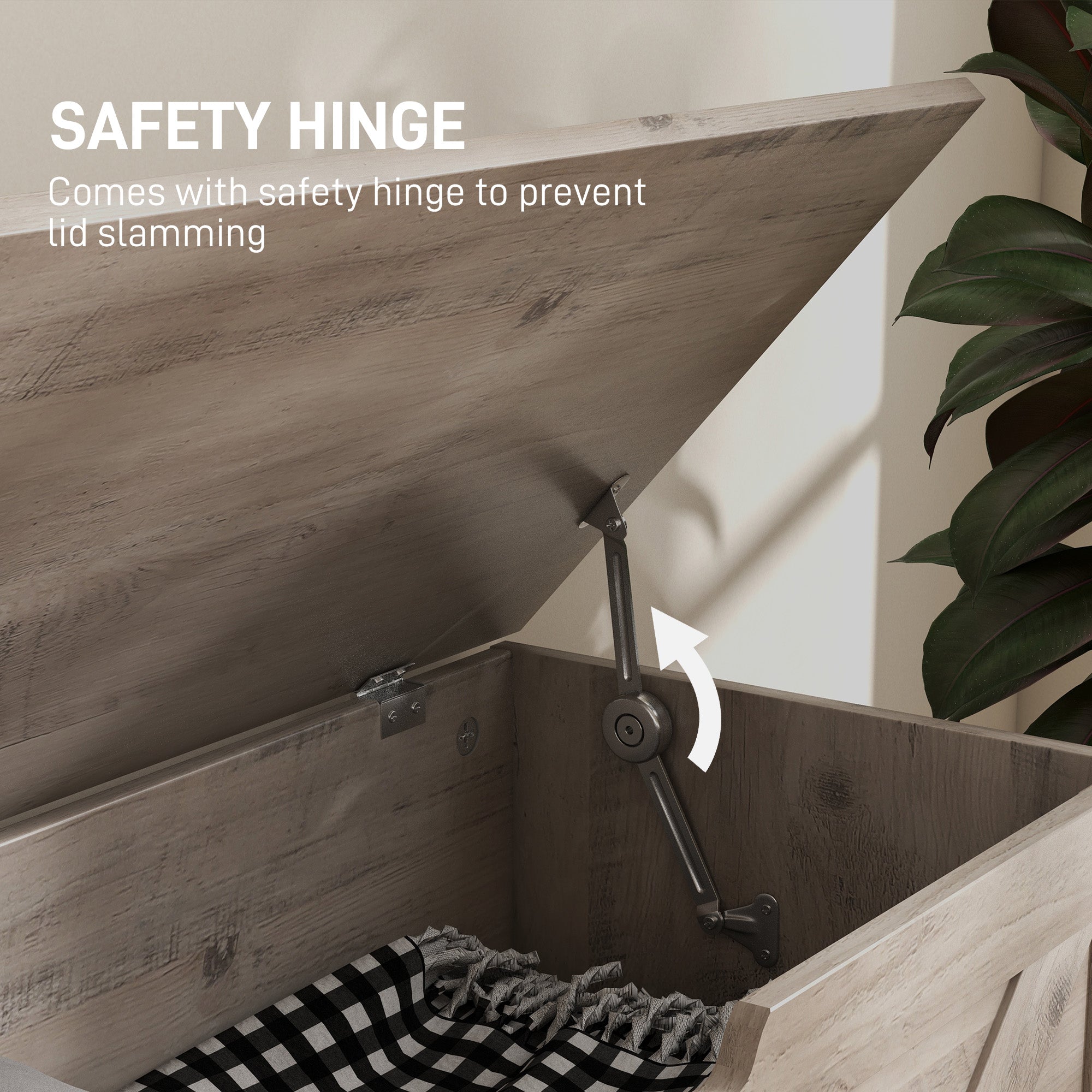 HOMCOM 100L Home Storage Box, with Safety Hinges - Grey Wood-Effect 