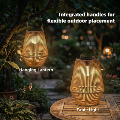 Outsunny Hanging Solar Lanterns, 2 Pack Rattan Solar Lights with Handle for Patio, Pathway, Terrace, Auto On/Off, Brown 