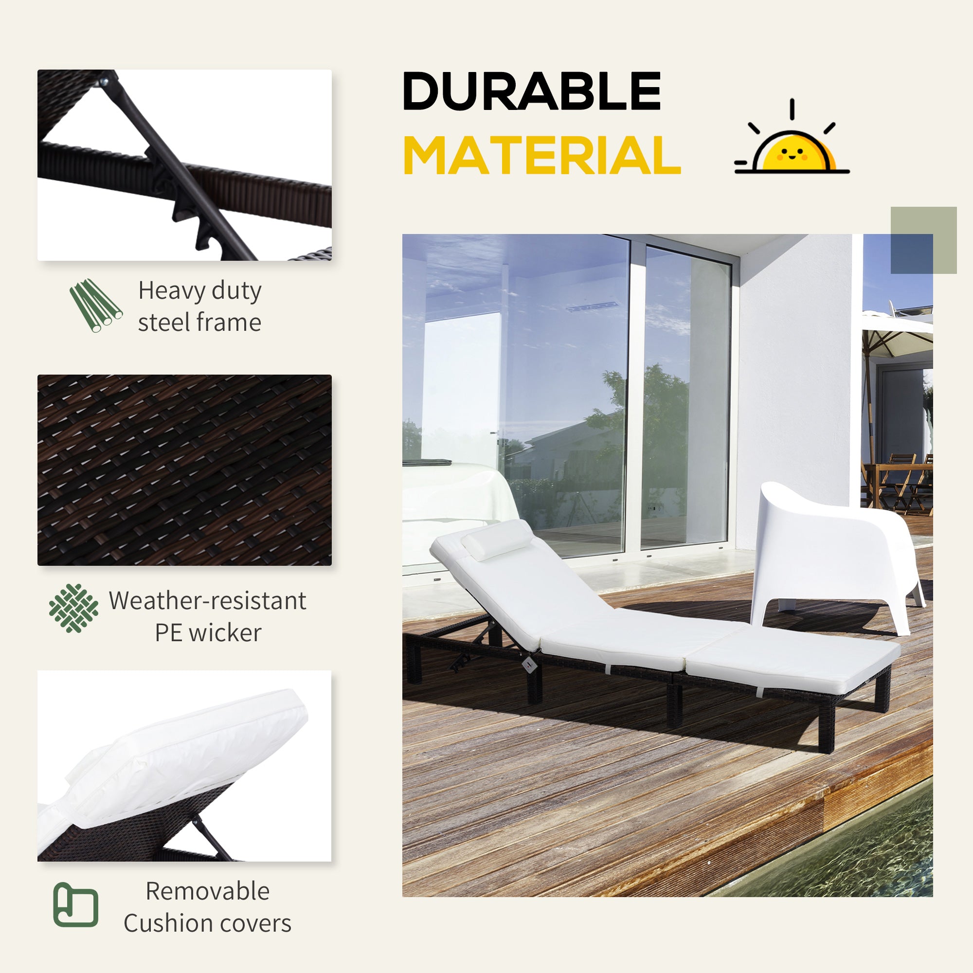 Outsunny Rattan Sun Lounger, 5-Level Adjustable Garden Lounger Recliner with Cushion and Headrest, Outdoor Reclining Sunbed, Steel Frame Garden Chair for Patio, Beach, Terrace, Cream White 