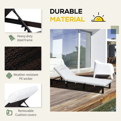 Outsunny Rattan Sun Lounger, 5-Level Adjustable Garden Lounger Recliner with Cushion and Headrest, Outdoor Reclining Sunbed, Steel Frame Garden Chair for Patio, Beach, Terrace, Cream White 